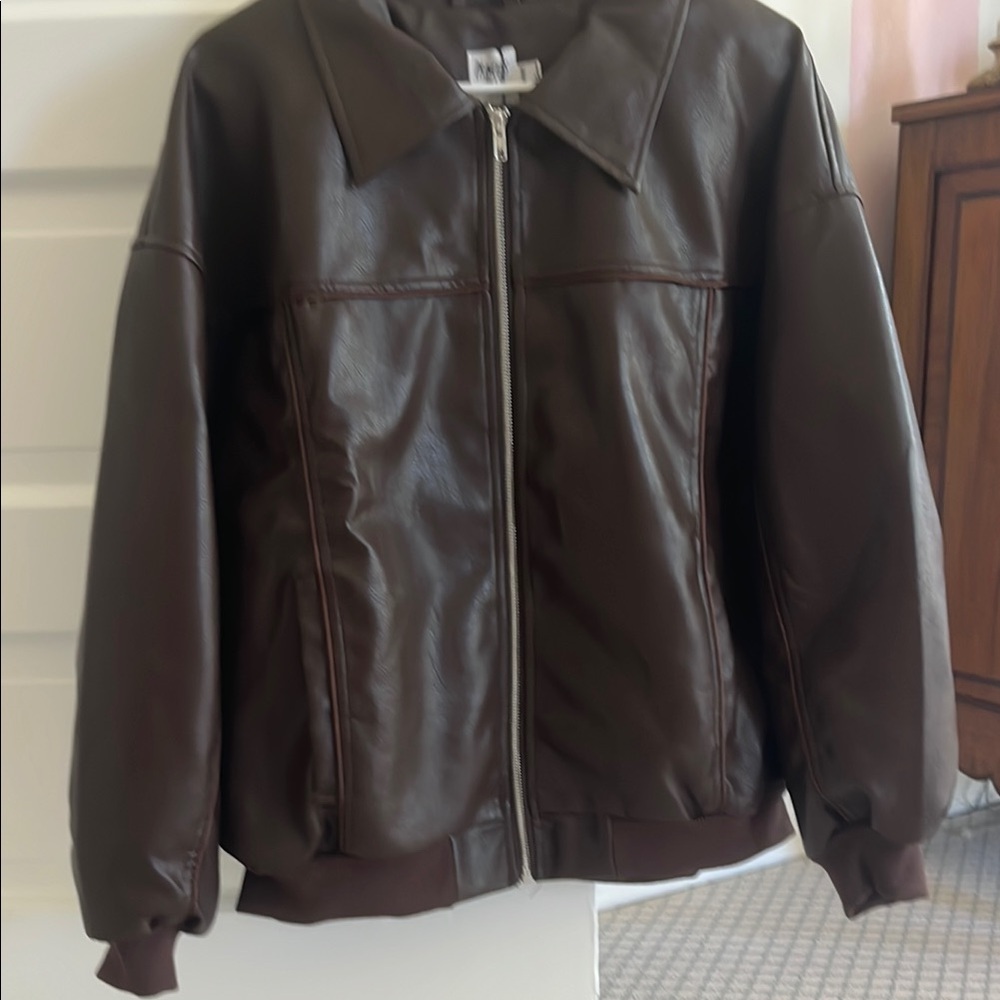 Princess Polly Brown Bomber Jacket with Leather Material and Zip-Up Style